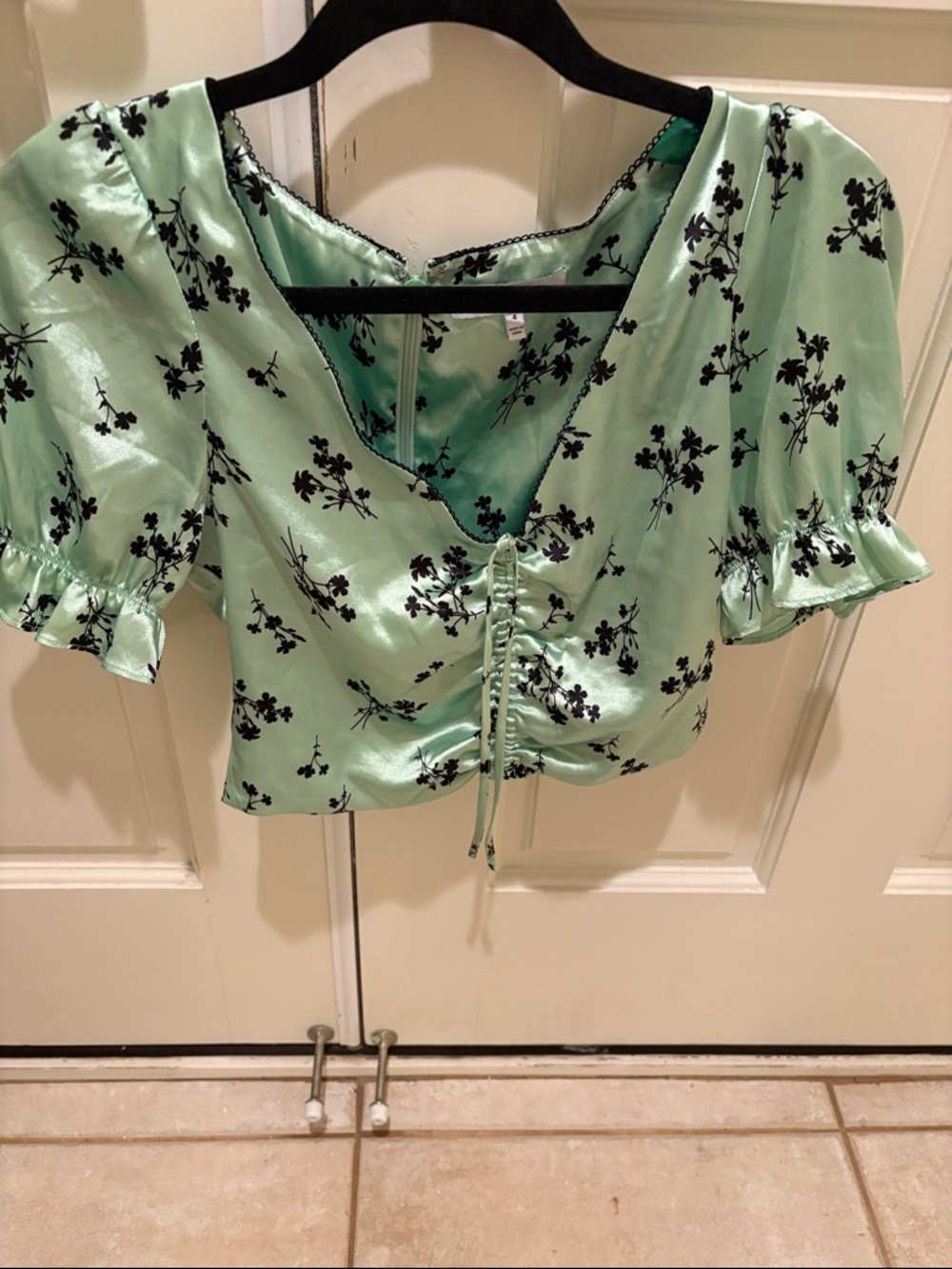 Likely Mint Satin Floral Ruched Crop Top with Puff Sleeves